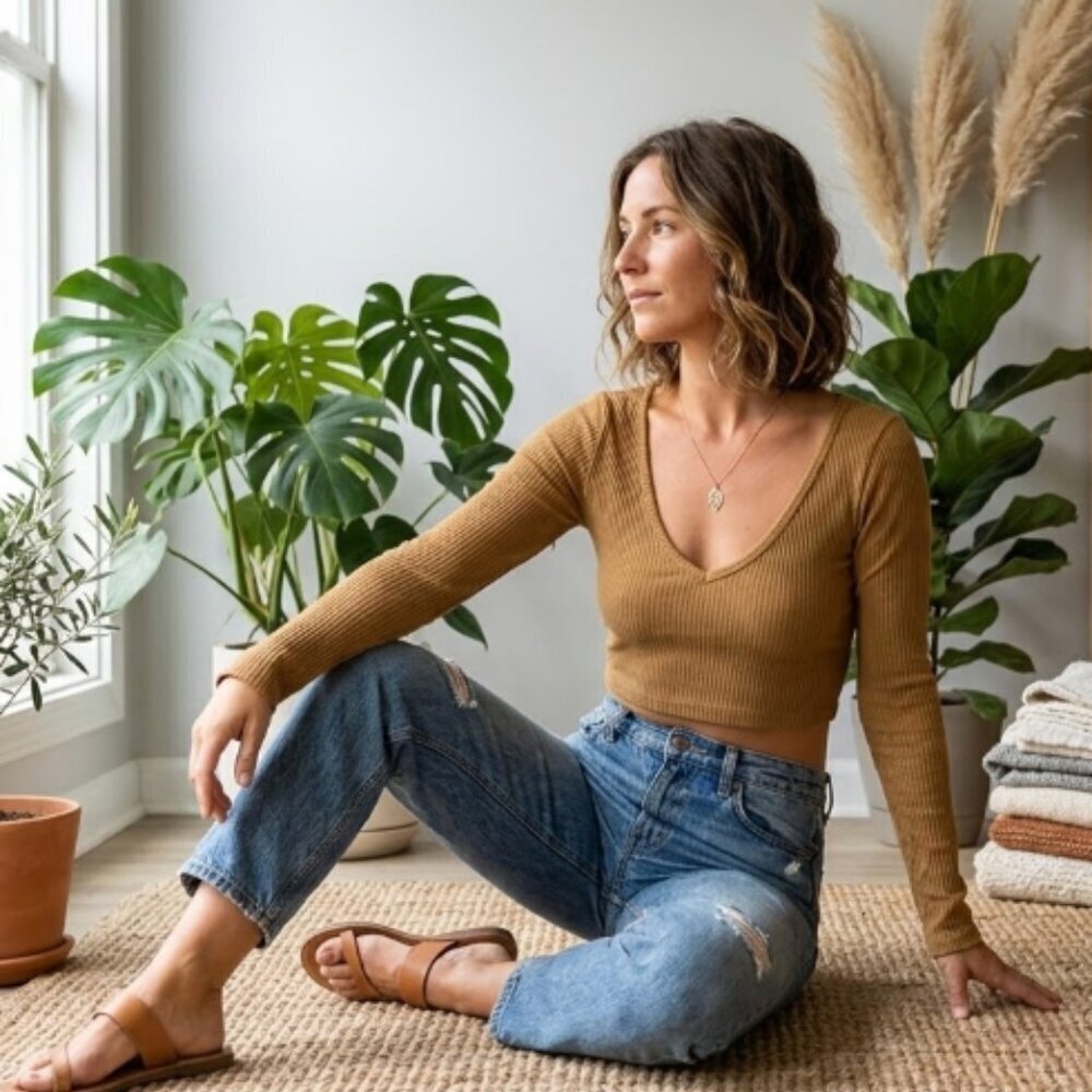 Out From Under Urban Outfitters Ribbed V-Neck Crop Top Brown Long Sleeve Size S